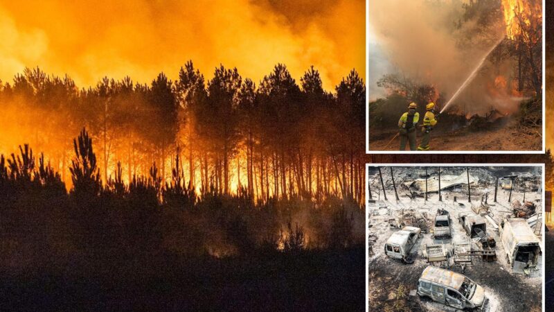 A wildfire is seen raging through a forest in Biscarrosse, southern France, with an overlay of two firefighters battling a