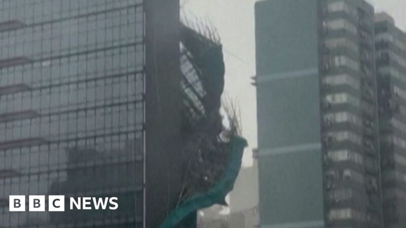 Bamboo and green plastic sheeting are seen falling down the side of a glass skyscraper