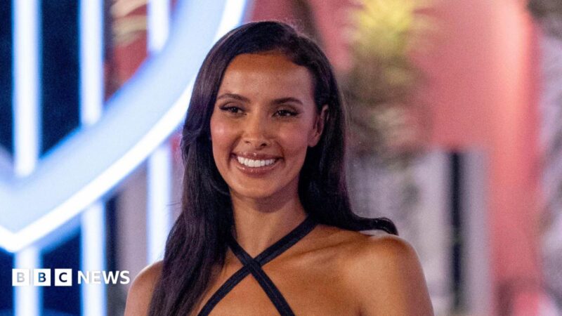 Love Island host Maya Jama wears a black strappy dress