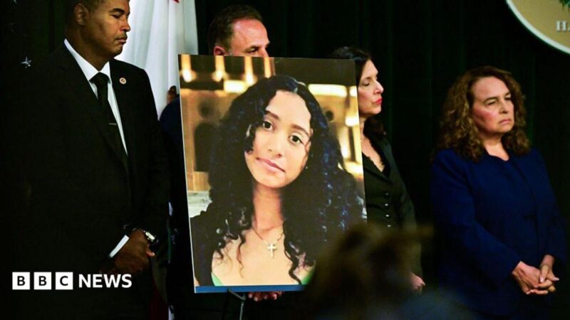 A portrait of the late Celeste Rivas Hernandez is shown during a press briefing by Los Angeles County District Attorney
