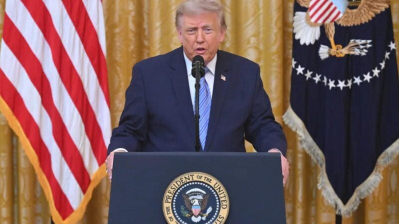 An image collage containing 1 images, Image 1 shows Donald Trump speaking from a podium with the Seal of the President of