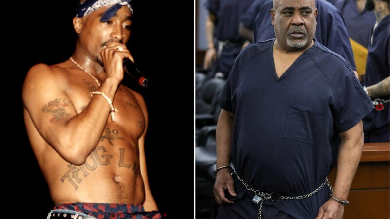 Collage of Tupac Shakur performing and Duane "Keffe D" Davis in custody