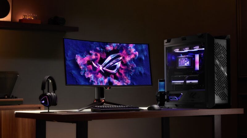 A photo of Asus’s ROG Swift OLED PG34WCDN gaming monitor