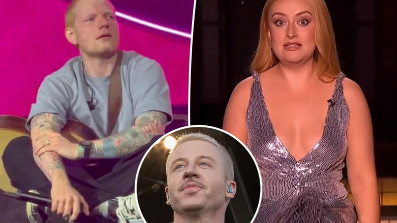 Collage of Ed Sheeran, Macklemore, and an unidentified woman