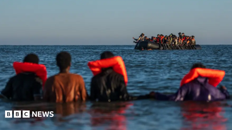 A group of migrants are seen in the distance on an inflatable boat in the Channel. In the foreground are four people in the