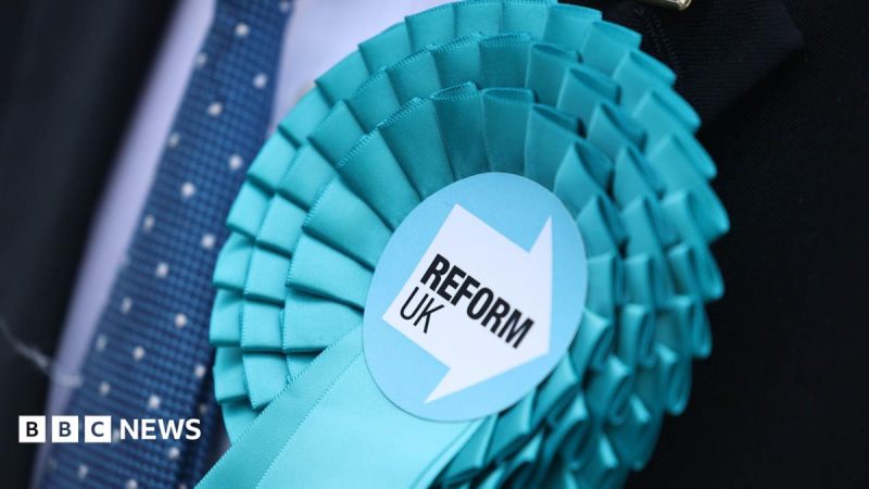 A light blue Reform UK rosette pinned on a person wearing a suit and a dark blue tie