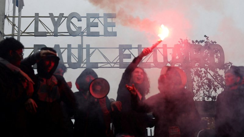 French high school students block the access to the Lycee Paul Eluard high school as they protest to demand the hiring of