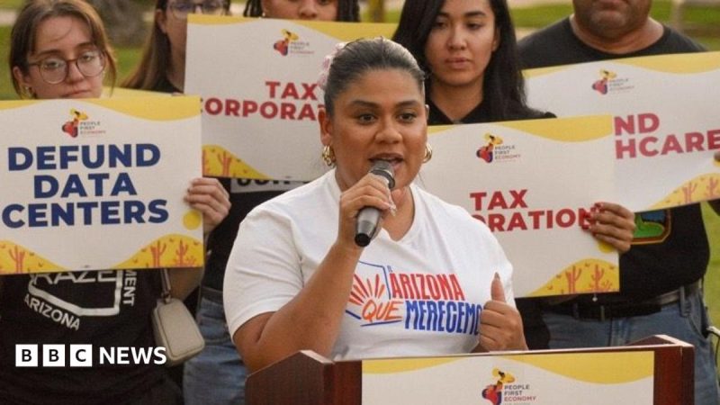 Stephanie Maldonado speaks at a rally against data centres