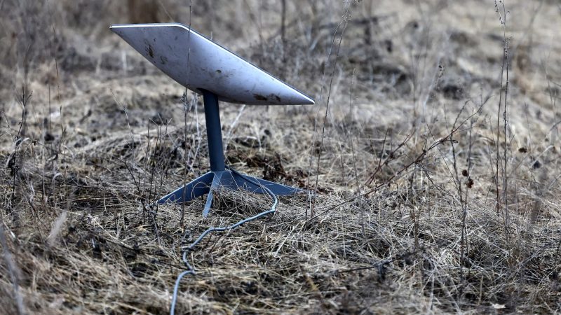 A Starlink satellite internet system is set up near the frontline town of Bakhmut amid Russia