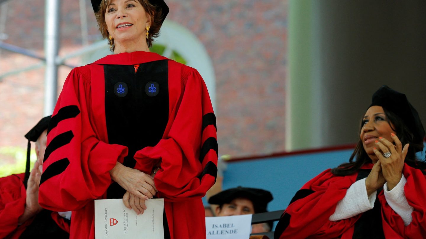 FILE PHOTO: Author Isabel Allende stands to receive a honorary Doctor of Letters degree as fellow honorary degree recipient
