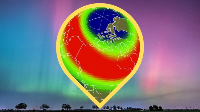 map of the possible spread of northern lights in the US tonight. it is placed inside a vector graphic of a location marker