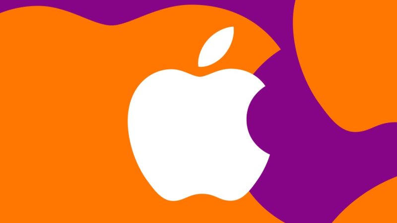 An illustration of the Apple logo on an orange and purple background