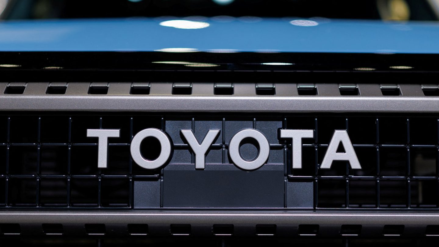 The Toyota logo is shown on a Land Cruiser vehicle at the LA Auto show "AutoMobility LA" in Los Angeles, California, U.S