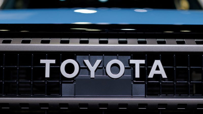 The Toyota logo is shown on a Land Cruiser vehicle at the LA Auto show "AutoMobility LA" in Los Angeles, California, U.S
