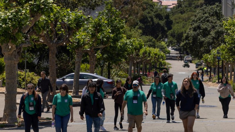 Prospective students tour the University of California, Berkeley campus before beginning of the new semester, in Berkeley