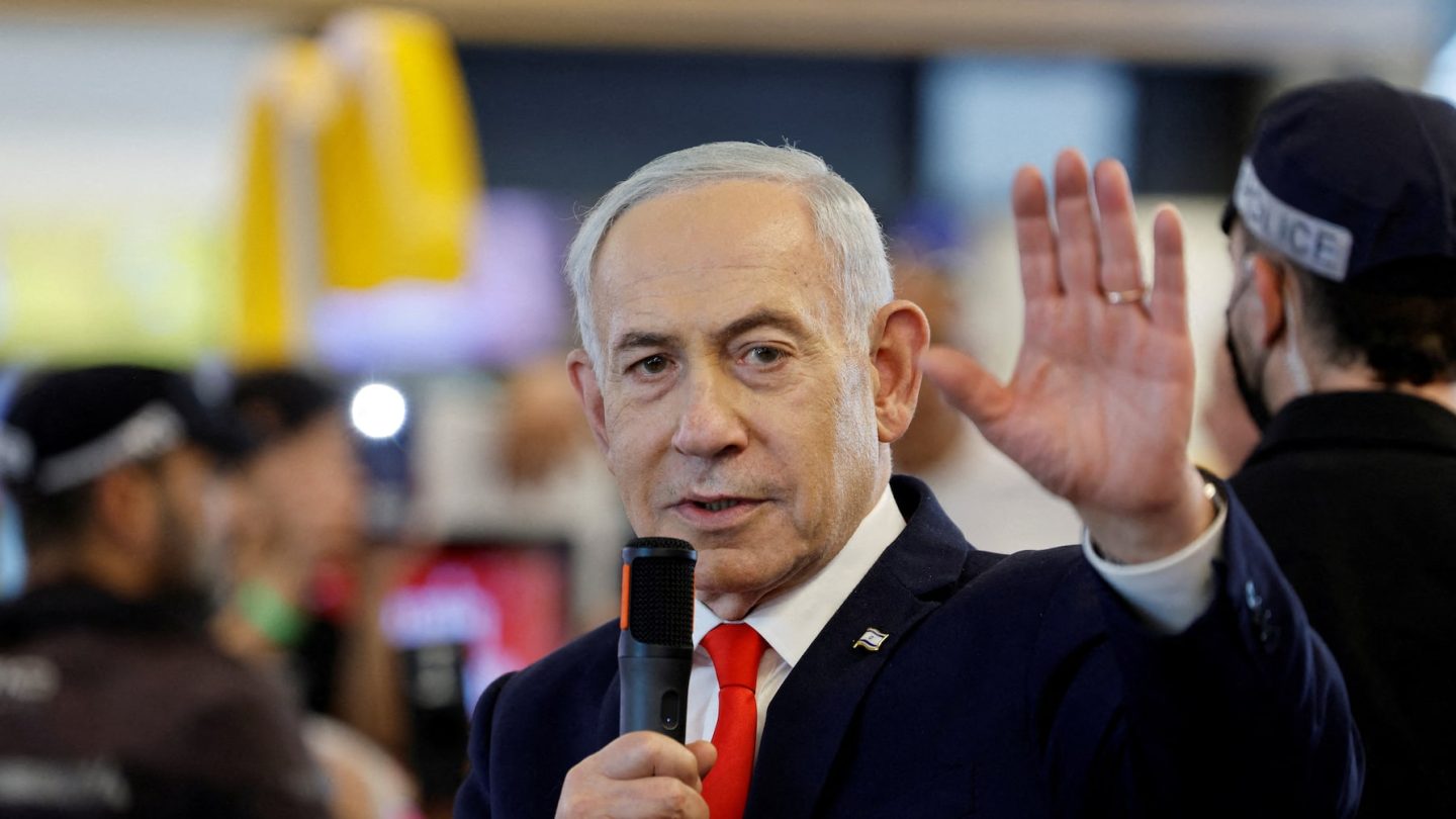 Israeli Prime Minister Benjamin Netanyahu meets members of the public at a mall, ahead of Israel’s national election, in