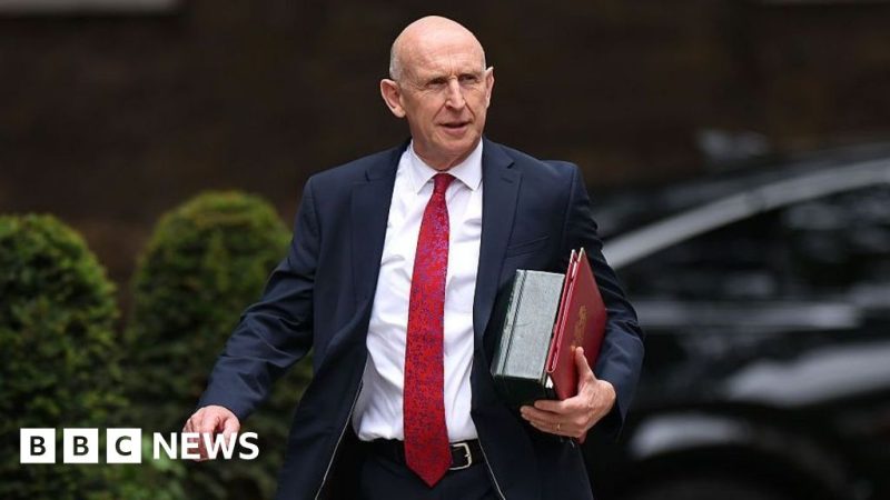 John Healey walks along Downing Street with files under his arm wearing a dark suit and a long red tie