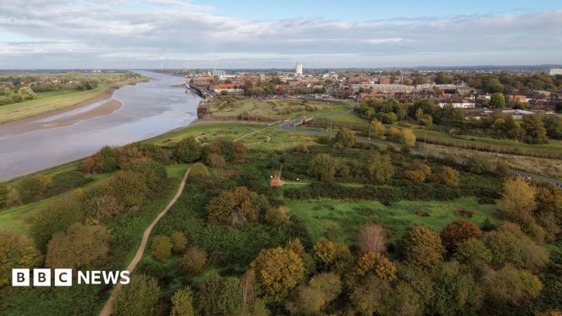 A drone shot of a large green area with lots of trees. A river runs down the left side of the green space
