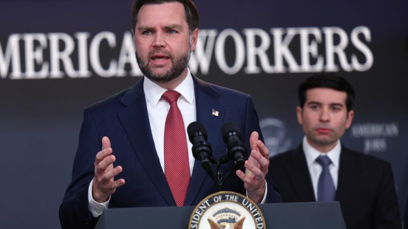Vice President JD Vance speaks as Labor Secretary Keith Sonderling listens during a news conference on the Fraud Task Force