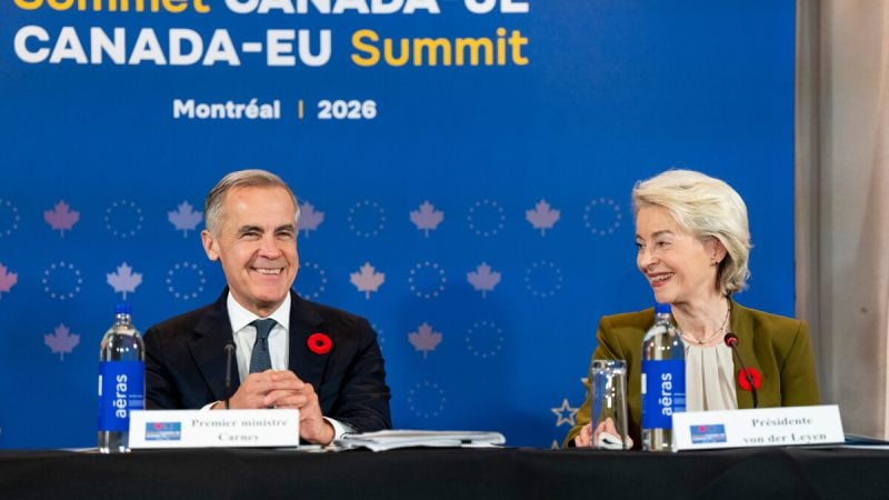 President of the European Commission Ursula von der Leyen, right, gives remarks alongside Prime Minister Mark Carney at a