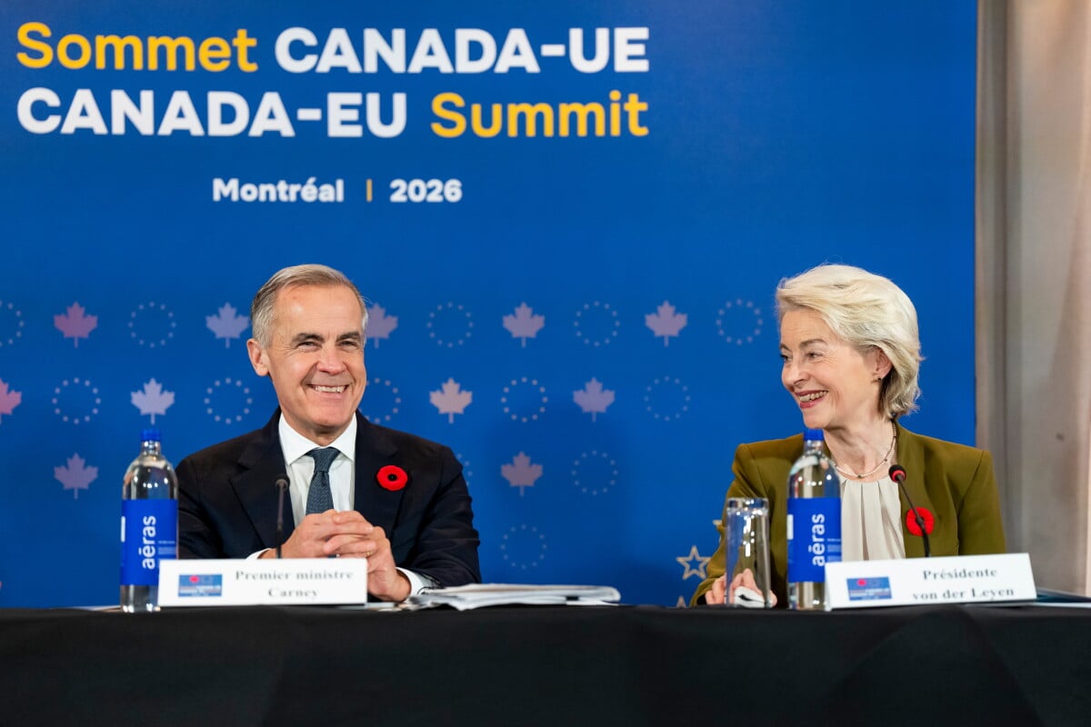 President of the European Commission Ursula von der Leyen, right, gives remarks alongside Prime Minister Mark Carney at a