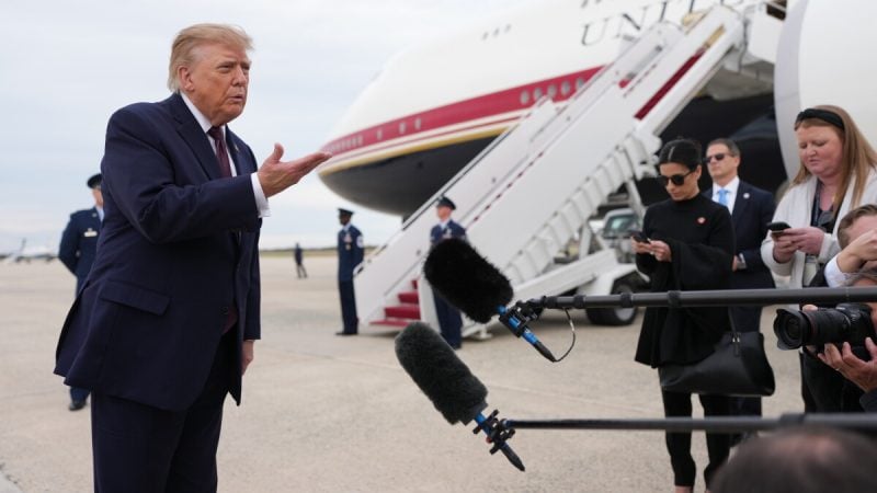 President Donald Trump speaks to reporters before boarding Air Force One, Wednesday, Oct. 28, 2026, at Joint Base Andrews