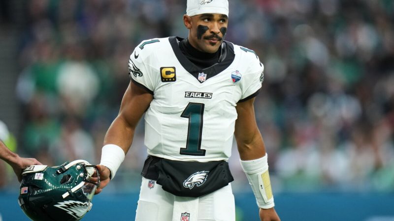 Philadelphia Eagles quarterback Jalen Hurts (1) stands on the field during an NFL football game against Jacksonville Jaguars