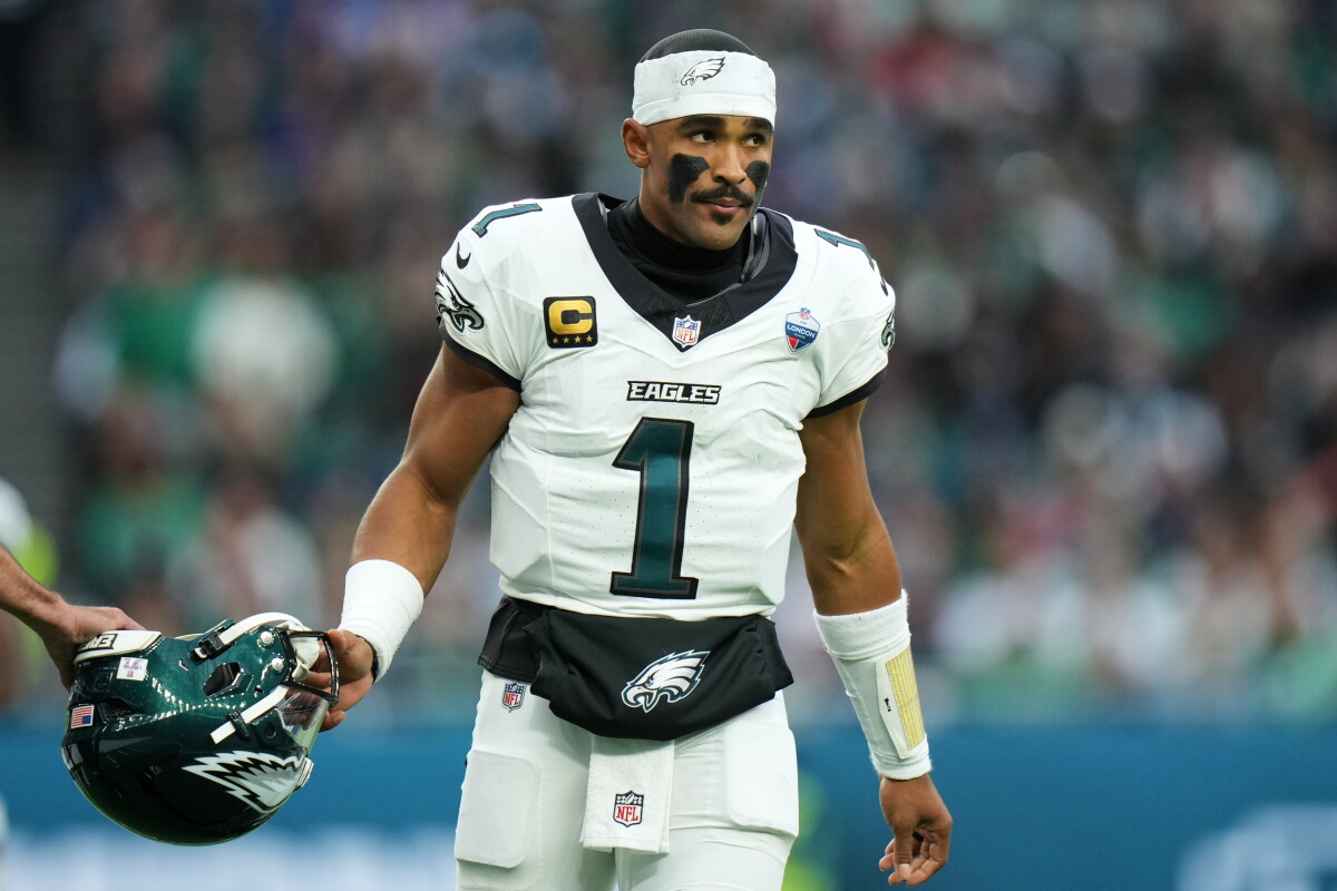 Philadelphia Eagles quarterback Jalen Hurts (1) stands on the field during an NFL football game against Jacksonville Jaguars